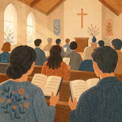 Congregation Singing Hymnals in Morning Light