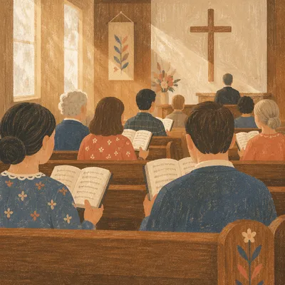 Congregation Singing Hymns in Wooden Chapel