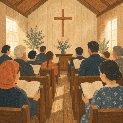 Congregation Singing Hymns in Wooden Chapel