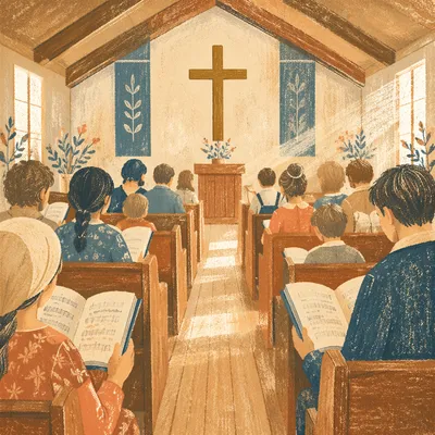 Congregation Singing Hymns in Wooden Chapel