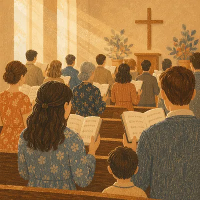 Congregation Singing Hymns in Wooden Chapel
