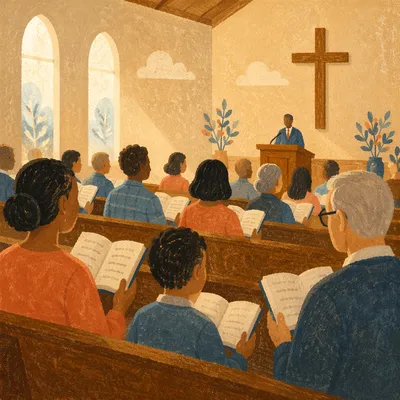 Congregation Singing Hymns in Wooden Chapel
