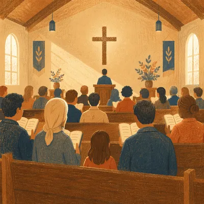Congregation Singing Hymns in Wooden Chapel