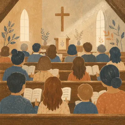 Congregation Singing Hymns in Wooden Chapel