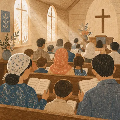 Congregation Singing Hymns in Wooden Chapel