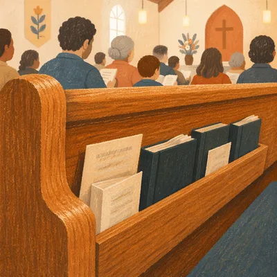 Hymnal Books in Warm Church Sanctuary