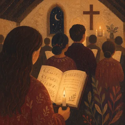 Congregation Singing from Hymnals by Candlelight