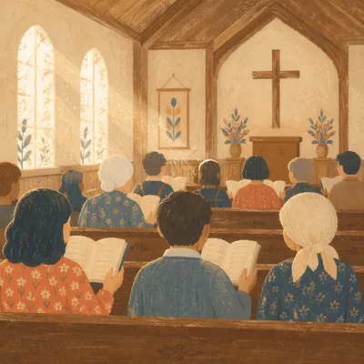 Congregation Singing Hymns in Wooden Chapel