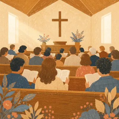 Congregation Singing Hymns in Wooden Chapel