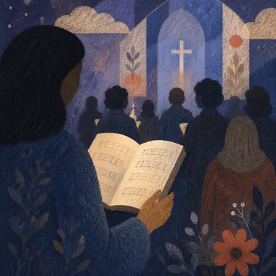 Congregation Singing Hymns in Dim Sanctuary
