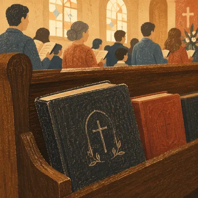 Hymnal Books in Wooden Church Pew
