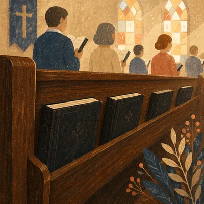 Hymnals on Wooden Pew During Worship