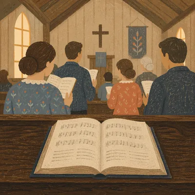 Congregation Singing Hymns in Wooden Chapel