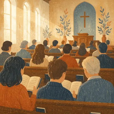 Congregation Singing Hymns in Wooden Chapel