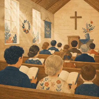 Congregation Singing Hymns in Wooden Chapel