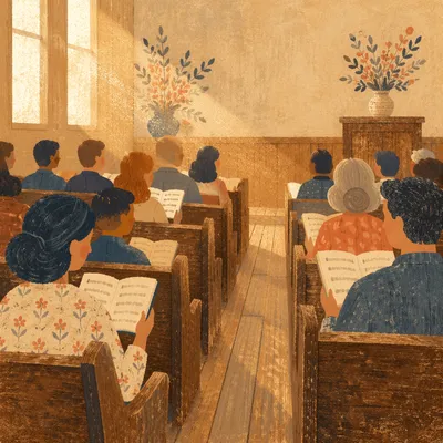 Congregation Singing Hymns in Wooden Chapel