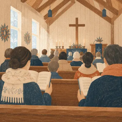 Congregation Singing Hymns in Wooden Chapel