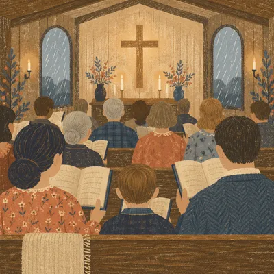 Congregation Singing Hymns in Rainy Chapel