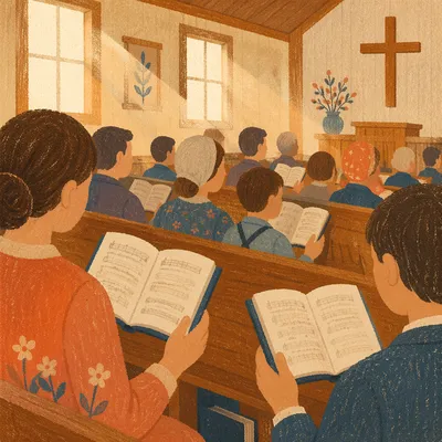 Congregation Singing Hymns in Wooden Chapel