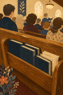 Hymnals in a Warm Traditional Church Pew