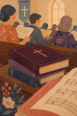 Hymn Books on Wooden Church Pew