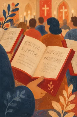 Open Red Hymnals During Congregational Worship