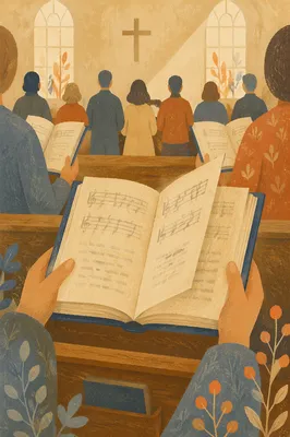 Congregation Singing from Open Hymnal Books