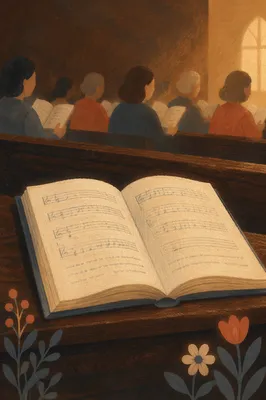 Open Hymnal on Wooden Church Pew