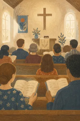 Congregation Singing Hymnals in Sunlit Chapel