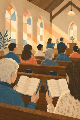 Congregation Singing from Hymnals in Morning Light