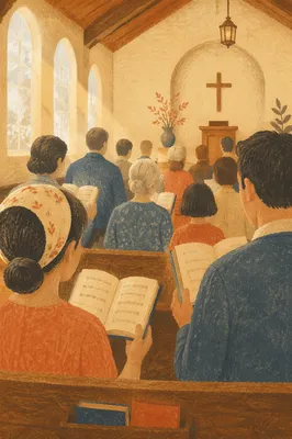 Congregation Singing Hymnals in Morning Light