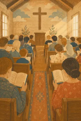 Congregation Singing Hymns in Wooden Chapel