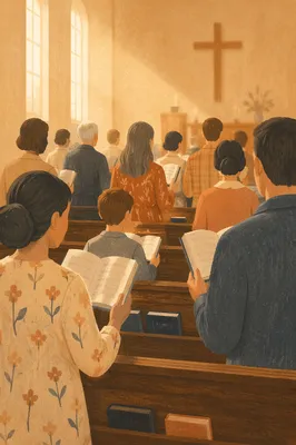 Congregation Singing Hymns in Wooden Chapel
