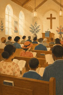 Congregation Singing Hymns in Wooden Chapel