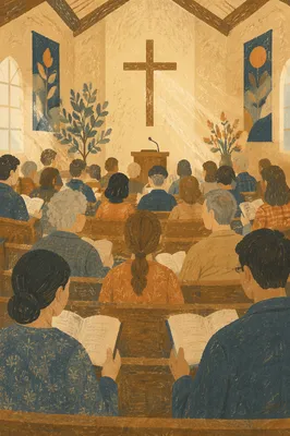 Congregation Singing Hymns in Wooden Chapel