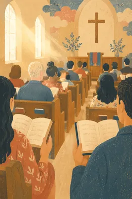Congregation Singing Hymns in Wooden Chapel