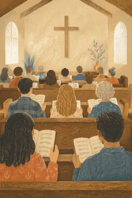 Rainy Sunday Hymn Singing in Wooden Chapel
