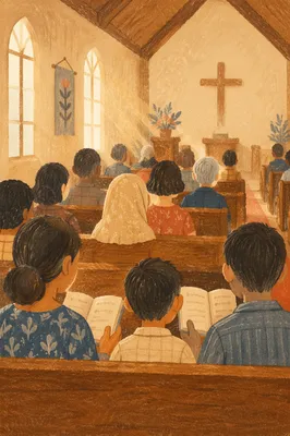 Congregation Singing Hymns in Wooden Chapel