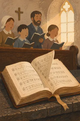 Open Hymnal on Church Pew