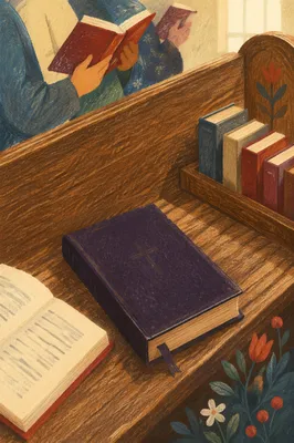 Purple Hymnal on Church Pew