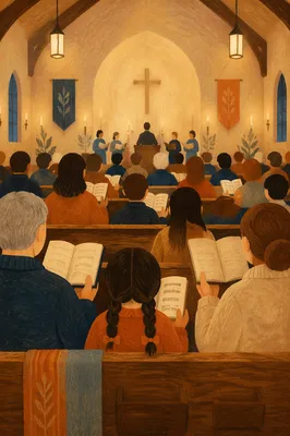 Congregation Singing Hymns in Wooden Chapel