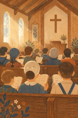 Congregation Singing Hymns in Wooden Chapel