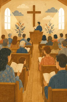 Congregation Singing Hymns in Wooden Chapel
