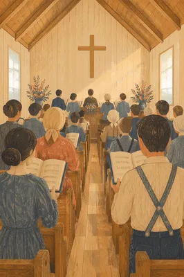 Congregation Singing Hymns in Wooden Chapel