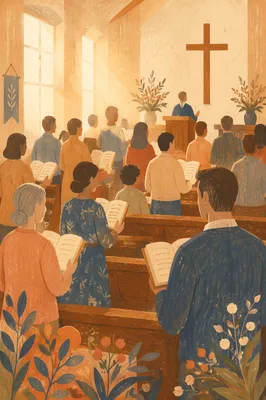 Congregation Singing Hymns in Wooden Chapel