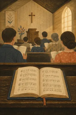 Congregation Singing Hymns in Wooden Chapel