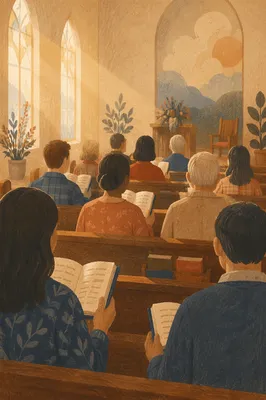 Congregation Singing Hymns in Wooden Chapel