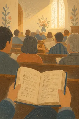 Congregation Singing Hymns in Wooden Chapel