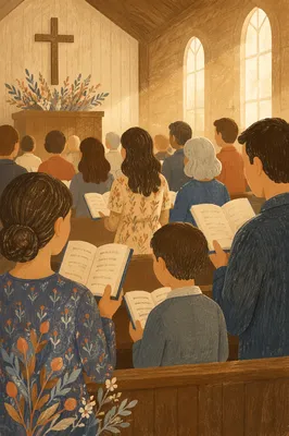 Congregation Singing Hymns in Wooden Chapel
