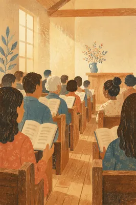 Congregation Singing Hymns in Wooden Chapel